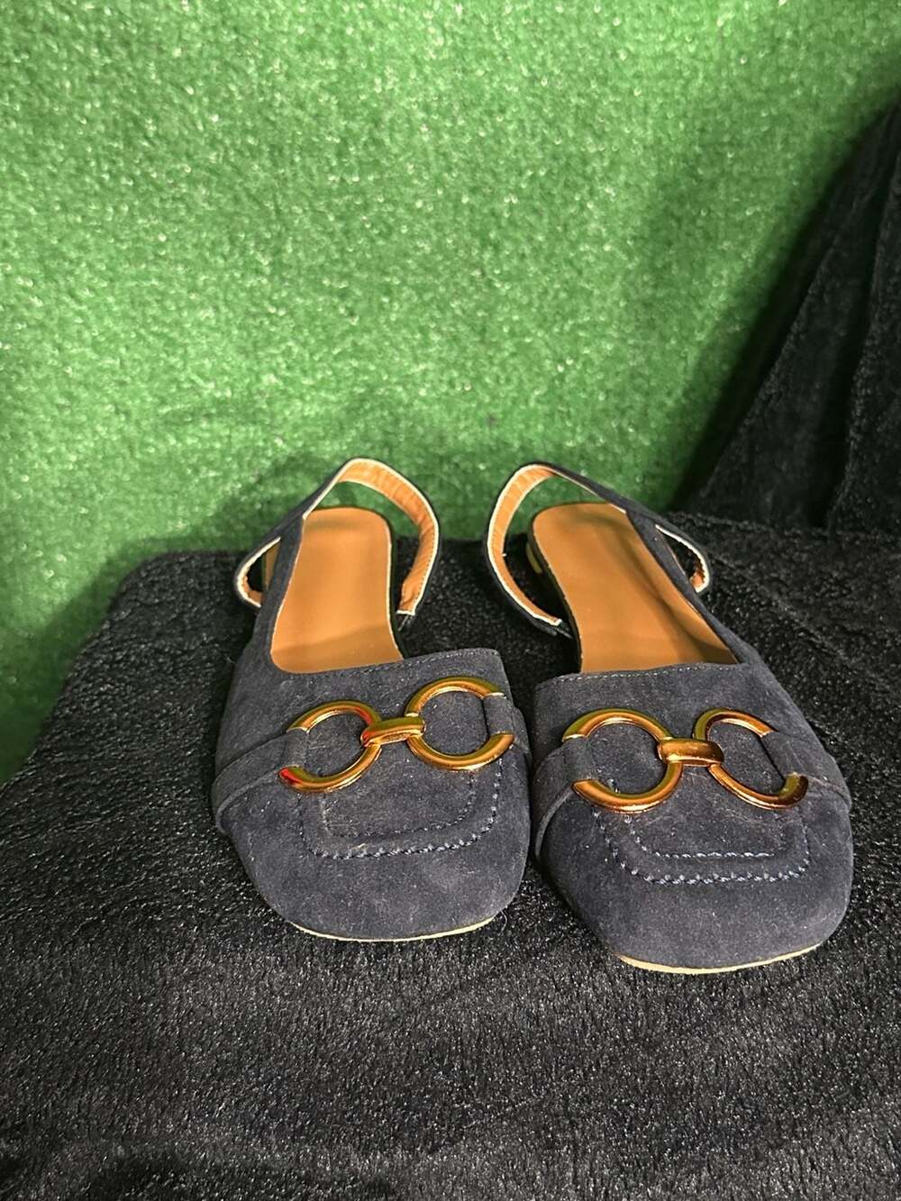 Navy Suede Slingback Flats with Gold-Link Accent